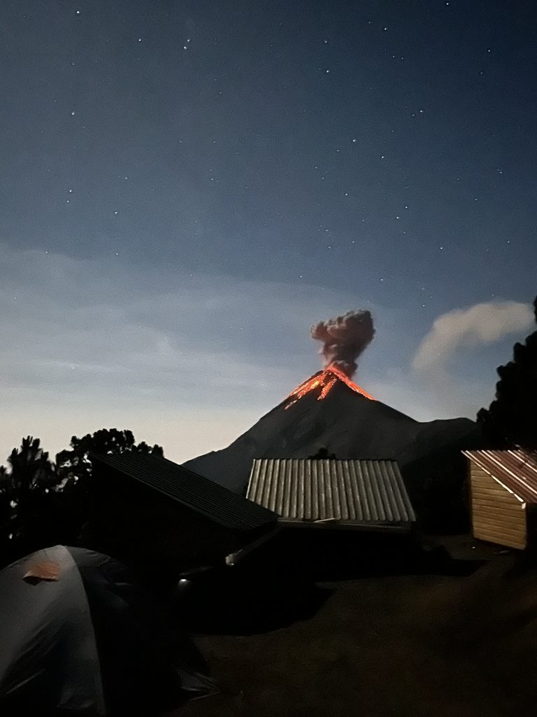 View of erupting Volcan de Fuego from base camp on Volcan Acatenango